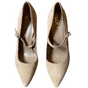 LOFT Beige Suede Scalloped Leather Mary Jane’s Heels 9